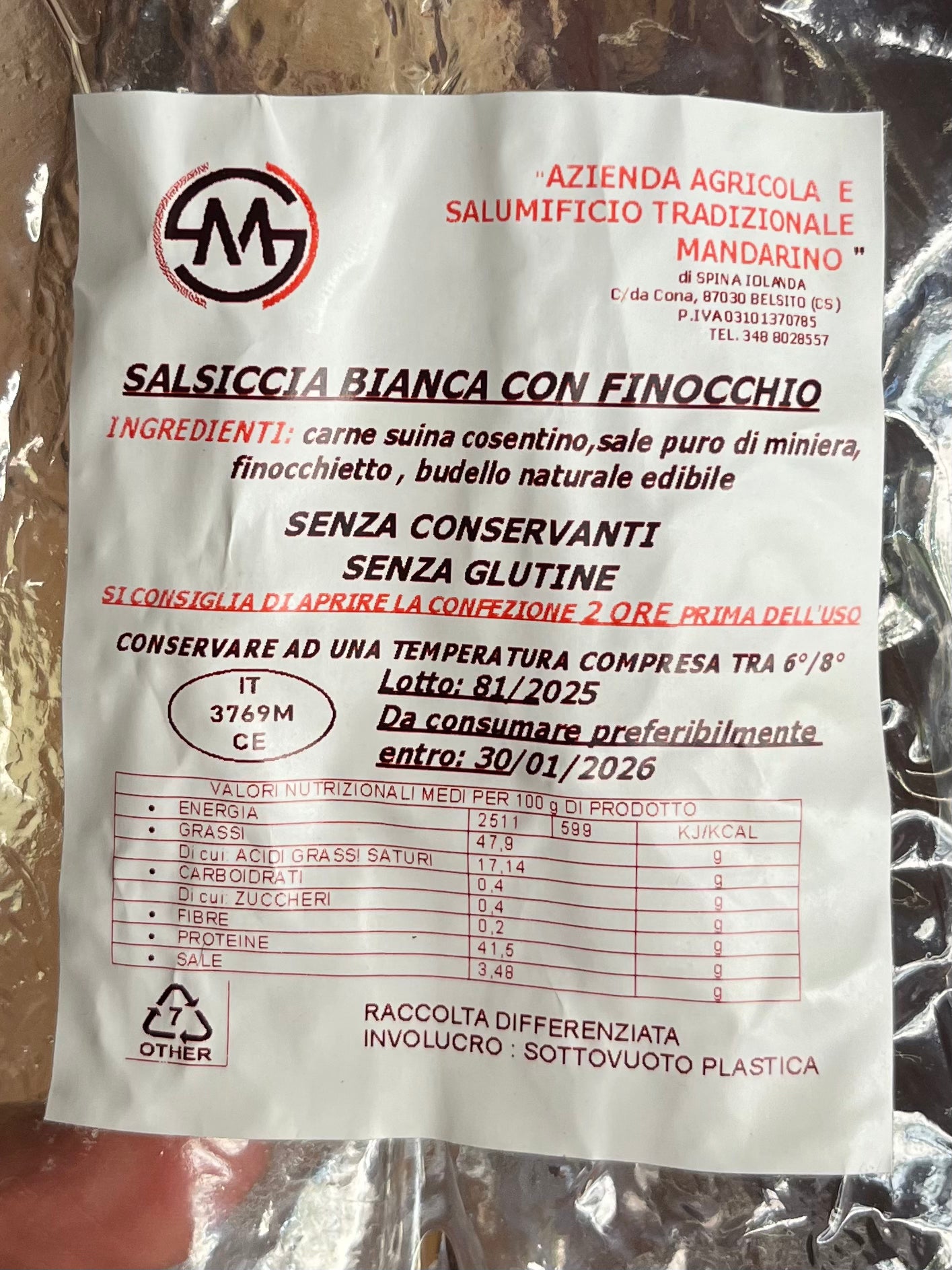 Salsiccia bianca con finocchietto selvatico