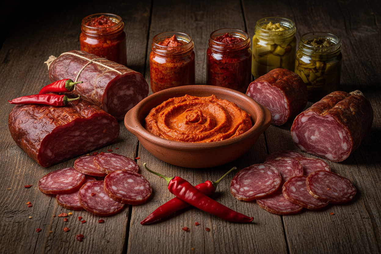 Immagine fotografica realistica in stile food photography autentica e intensa.
Tavolo in legno scuro con una selezione di prodotti tipici calabresi dal carattere deciso: ‘nduja, salume piccante affettato, vasetti di creme al peperoncino e specialità tradizionali.
Colori caldi e profondi, con accenti di rosso naturale del peperoncino.
Luce morbida ma più contrastata, atmosfera rustica e genuina.
Composizione curata ma non elegante, che trasmette forza, tradizione e personalità.
Nessuna persona visibile, ness