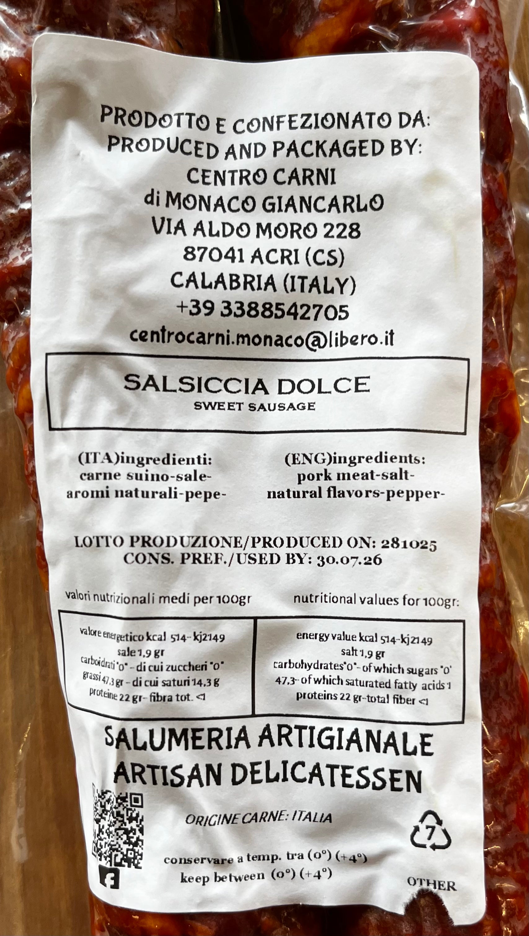 Salsiccia dolce di Acri (CS)