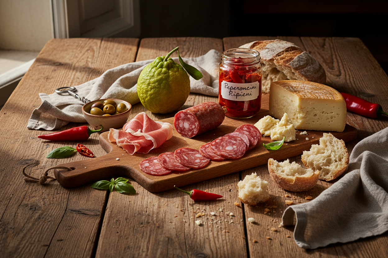 Immagine fotografica realistica in stile food photography elegante e naturale.
Tavolo in legno rustico con una selezione armoniosa di prodotti tipici calabresi disposti con cura: un salume artigianale affettato, un formaggio stagionato, un vasetto di conserva tradizionale e un prodotto simbolo della Calabria.
Presenza di pane rustico e dettagli semplici da tavola.
Luce naturale calda, atmosfera accogliente e conviviale.
Composizione equilibrata, non affollata, che suggerisce un’esperienza di degustazione co